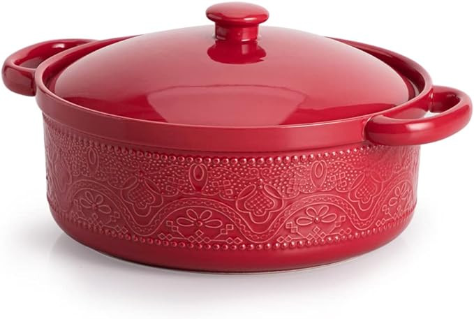 FUN ELEMENTS Casserole Dish, 2 Quart Lace Emboss Casserole Dish with Lid, Oven to Table Ceramic R... | Amazon (US)