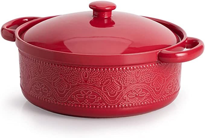 FUN ELEMENTS Casserole Dish, 2 Quart Lace Emboss Casserole Dish with Lid, Oven to Table Ceramic R... | Amazon (US)
