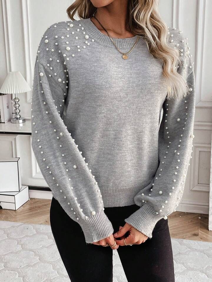 SHEIN LUNE Pearl Detail Drop Shoulder Sweater Pullover | SHEIN