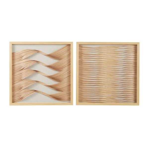 23.5" Square Framed Beige and Natural Wood Ribbon Shadow Boxes Wall Art Set of 2 | Bed Bath & Beyond
