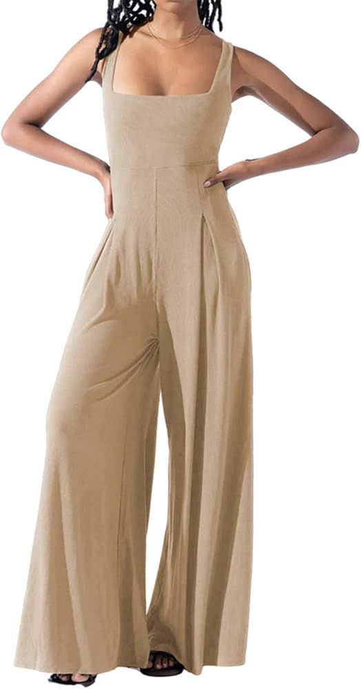 KEOMUD Women's Summer Sleeveless Jumpsuits Casual High Waist Square Neck Wide Leg Long Pants Romp... | Amazon (US)