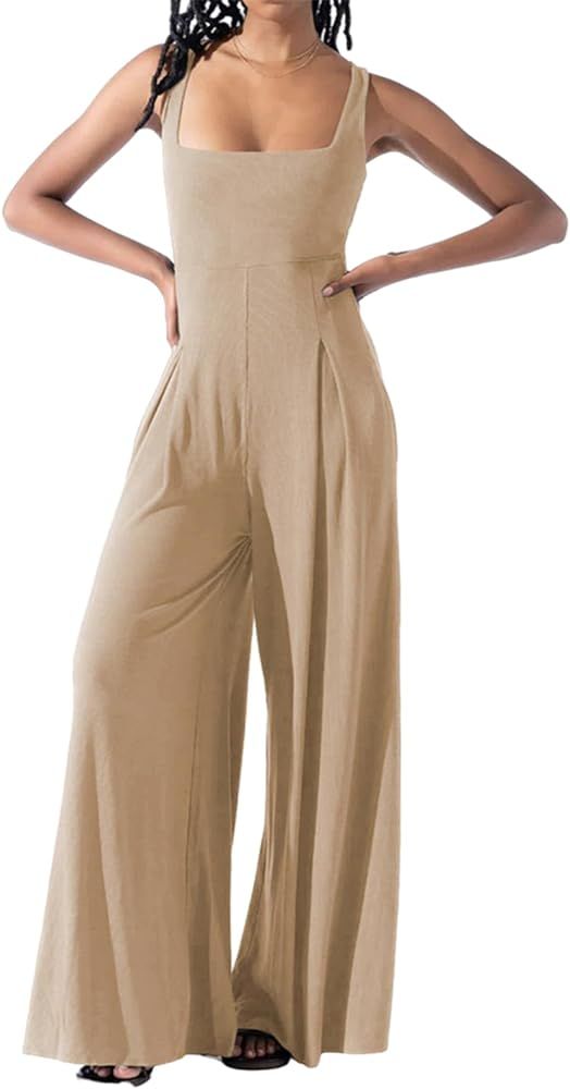KEOMUD Women's Summer Sleeveless Jumpsuits Casual High Waist Square Neck Wide Leg Long Pants Romp... | Amazon (US)