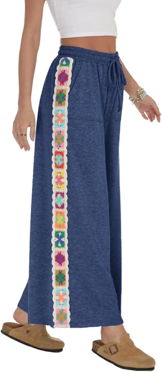 Womens Wide Leg Pants Stretch Casual Drawstring Waist Loose Lounge Sweatpants Crochet Panel Pant ... | Amazon (US)