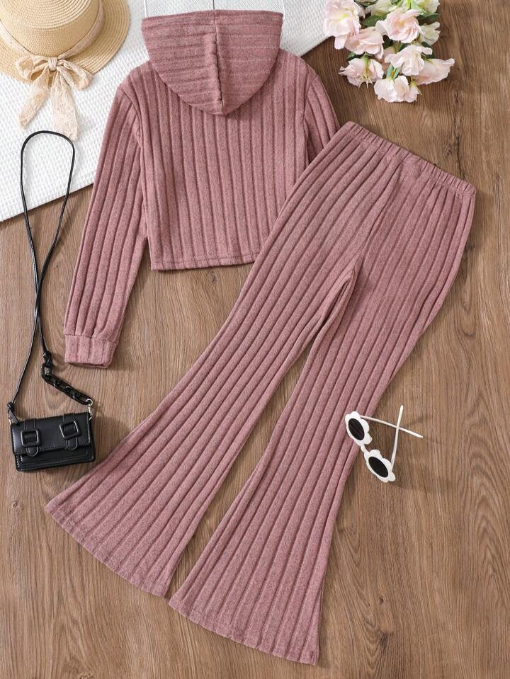 SHEIN Tween Girls' Spring/Summer Solid Color Hooded Long Sleeve Top And Flared Pants Casual 2-Piece Set | SHEIN