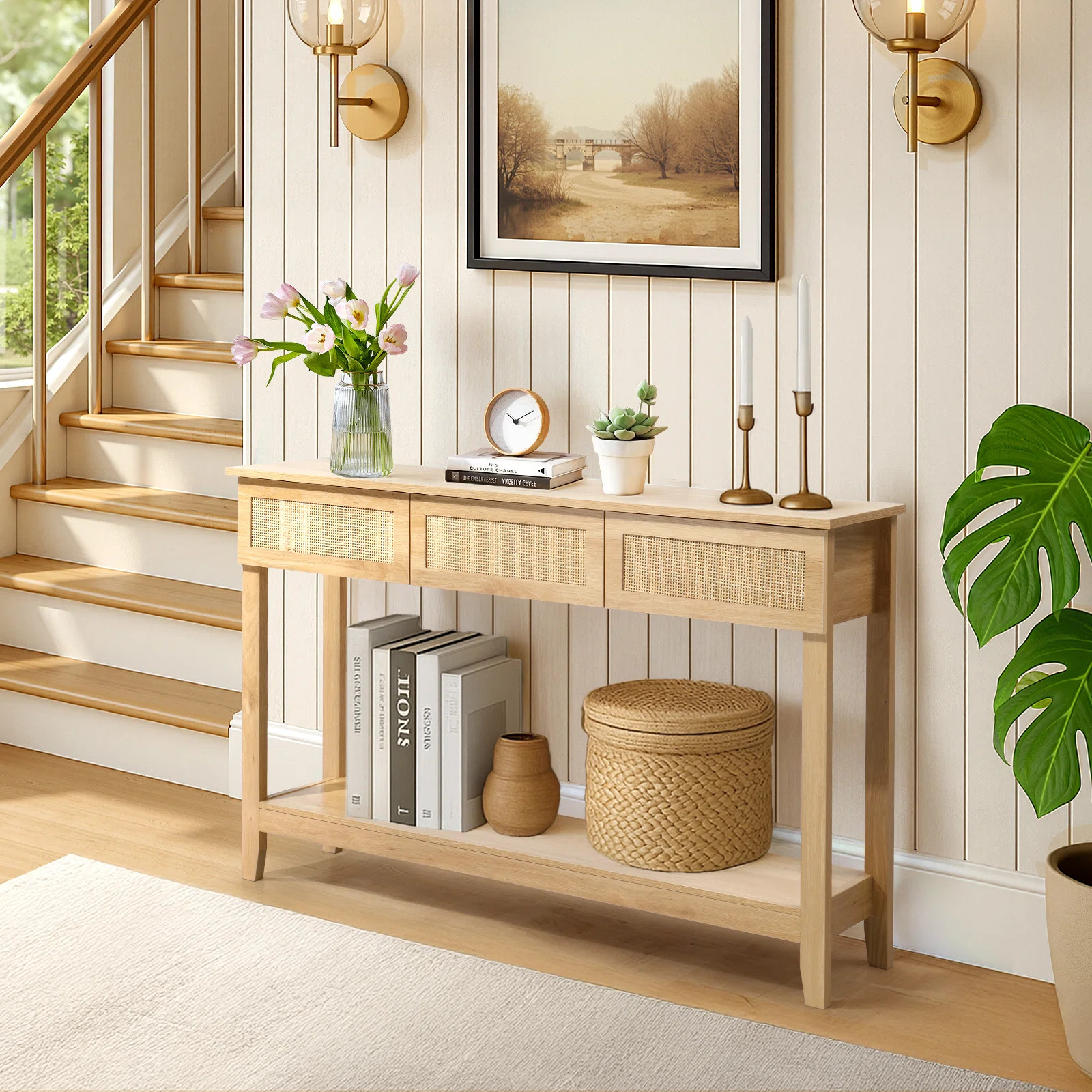 51.2" Boho Rattan Narrow Console Table with 3 Drawers, Natural Wood Entryway Sofa Table for Hallw... | Wayfair North America