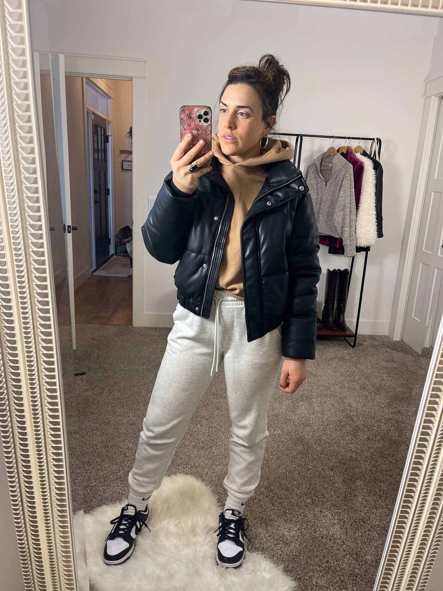 Fabletics sweats. 
Abercrombie and fitch faux leather jacket. 
Nike dunks. 
Pandas. 
Nike tube socks
tan hoodie. 
Casual style. 
Streetwear  

#LTKsalealert #LTKstyletip #LTKSeasonal