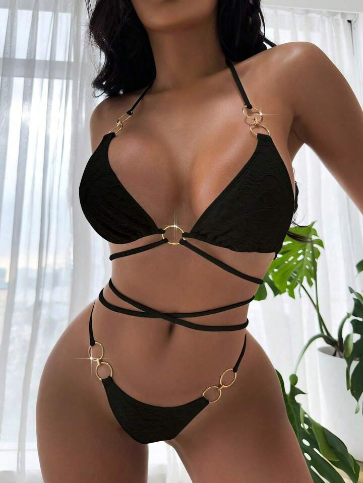 Ring Linked Halter Triangle Bikini Swimsuit | SHEIN