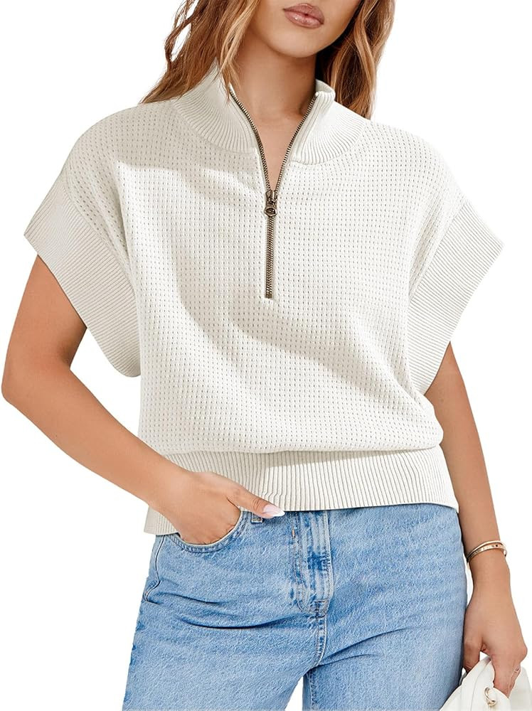 Langwyqu Womens Short Sleeve Cropped Knit Tops Half Zip Cap Sleeve Lightweight Oversized Sweater ... | Amazon (US)