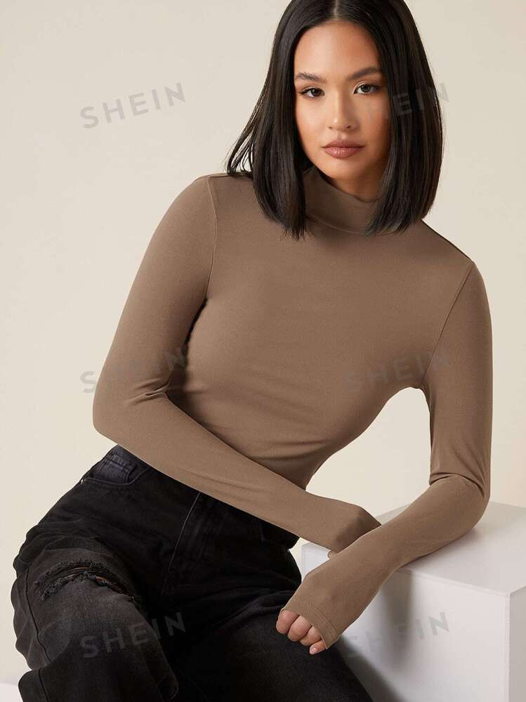 SHEIN BASICS High Neck Solid Fitted Tee | SHEIN USA | SHEIN