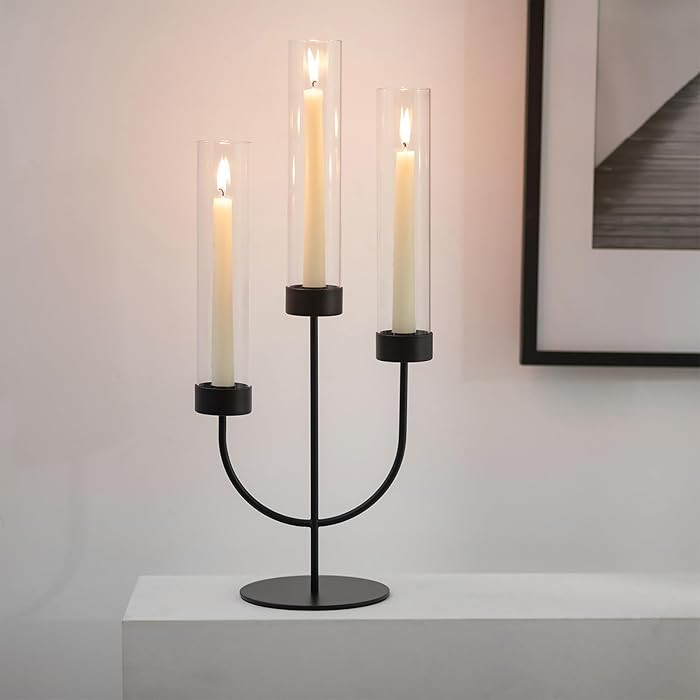 Sziqiqi Black Candelabra Candle Holder: 3 Arm Candlestick Holders with Glass Hurricane for Dining... | Amazon (UK)