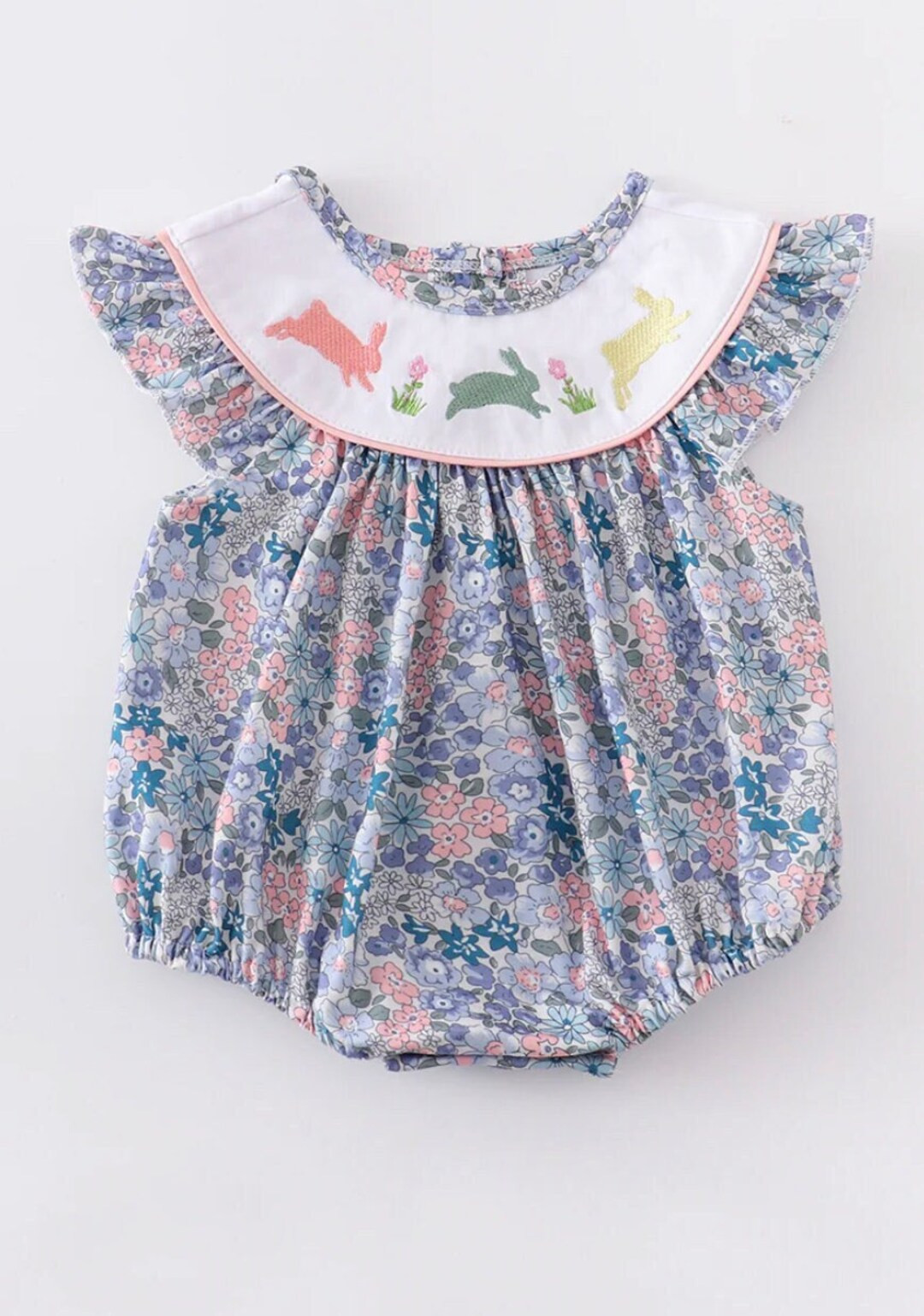 Baby Girl's Blue and Pink Bunny Embroidered Bubble | Etsy (US)