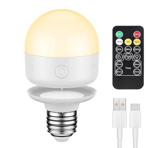 SCOPOW 1PC Rechargeable Light Bulbs with Remote Control Timer and 3 Color Temperature Rechargeable Battery Operated Light Bulb (5W+E26+3Colors+1PC) | Amazon (US)