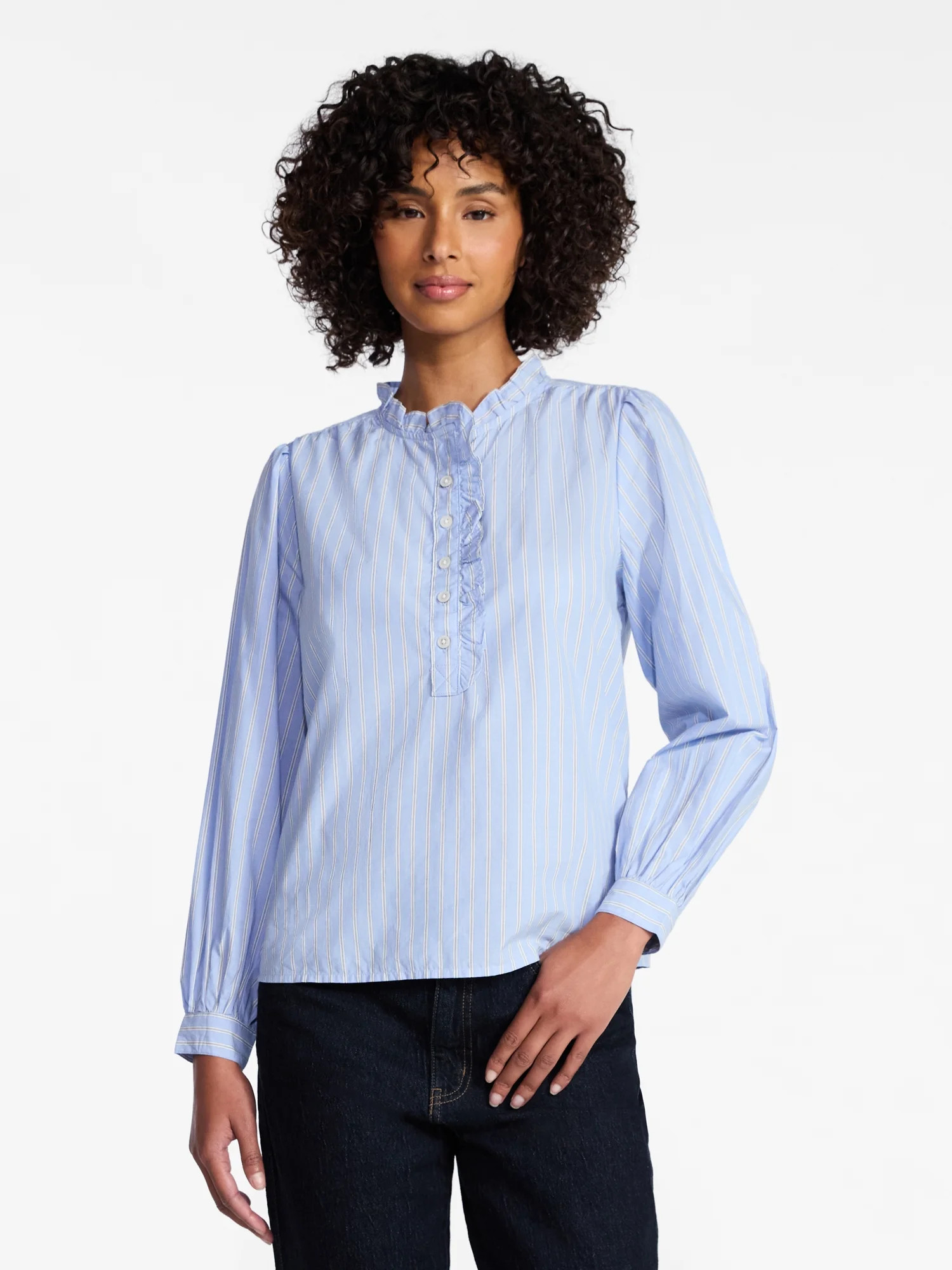 Time and Tru Women's Ruffle Neck Button Front Cotton Shirt with Long Sleeves, Sizes XS-XXXL | Walmart (US)