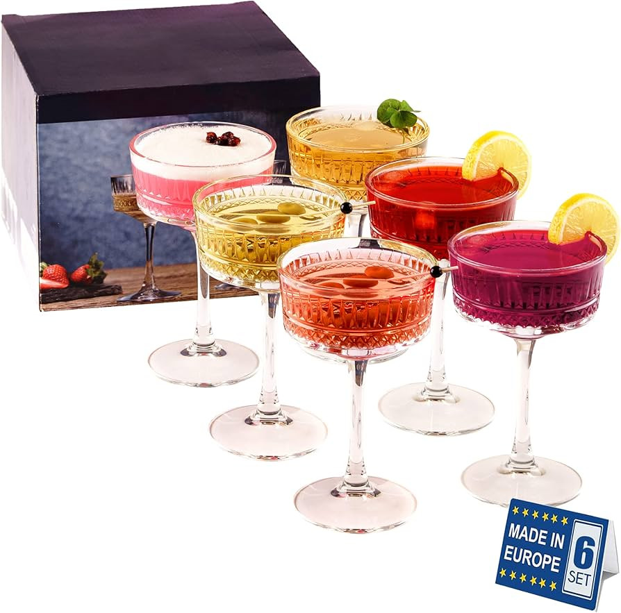 The Buybox Vintage Coupe Glasses Set of 6, Champagne, Cocktail, Martini, Wine Glasses, Long Stem ... | Amazon (US)