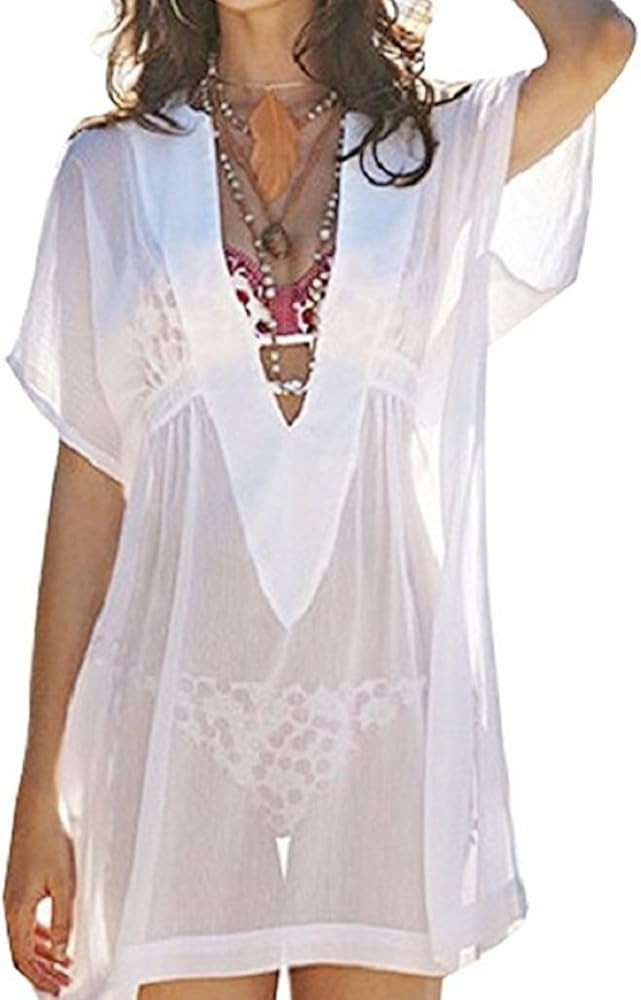 Wander Agio Beach Bikini Covers Sexy Perspective V-Neck Dresses Cover Up | Amazon (US)