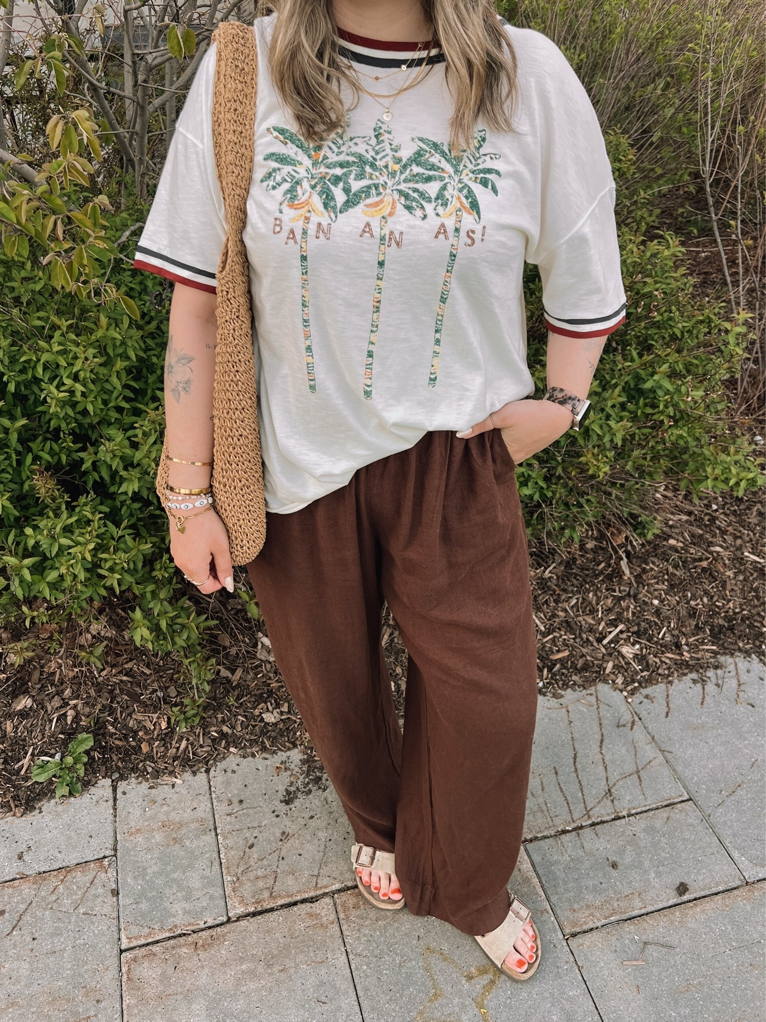 Comfy casual summer outfit! Wearing my usual size L in the graphic tee and L tall in the linen pants (Canadian pants link under “similar products”). Sunnies and straw bag are Amazon finds! Birkenstocks fit TTS

#LTKsummer #LTKsale #LTKmidsize