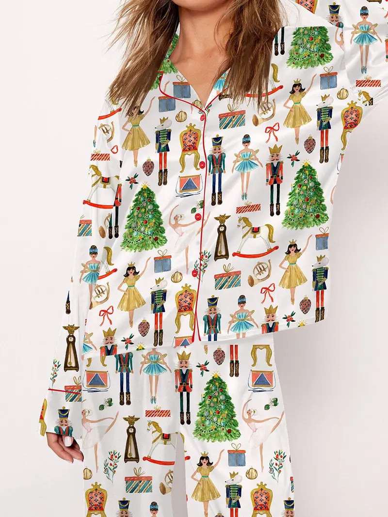 Christmas Nutcracker Pajama Set, Allover Cartoon Portrait Print Satin Pajama Set, Long Sleeve But... | Temu Affiliate Program