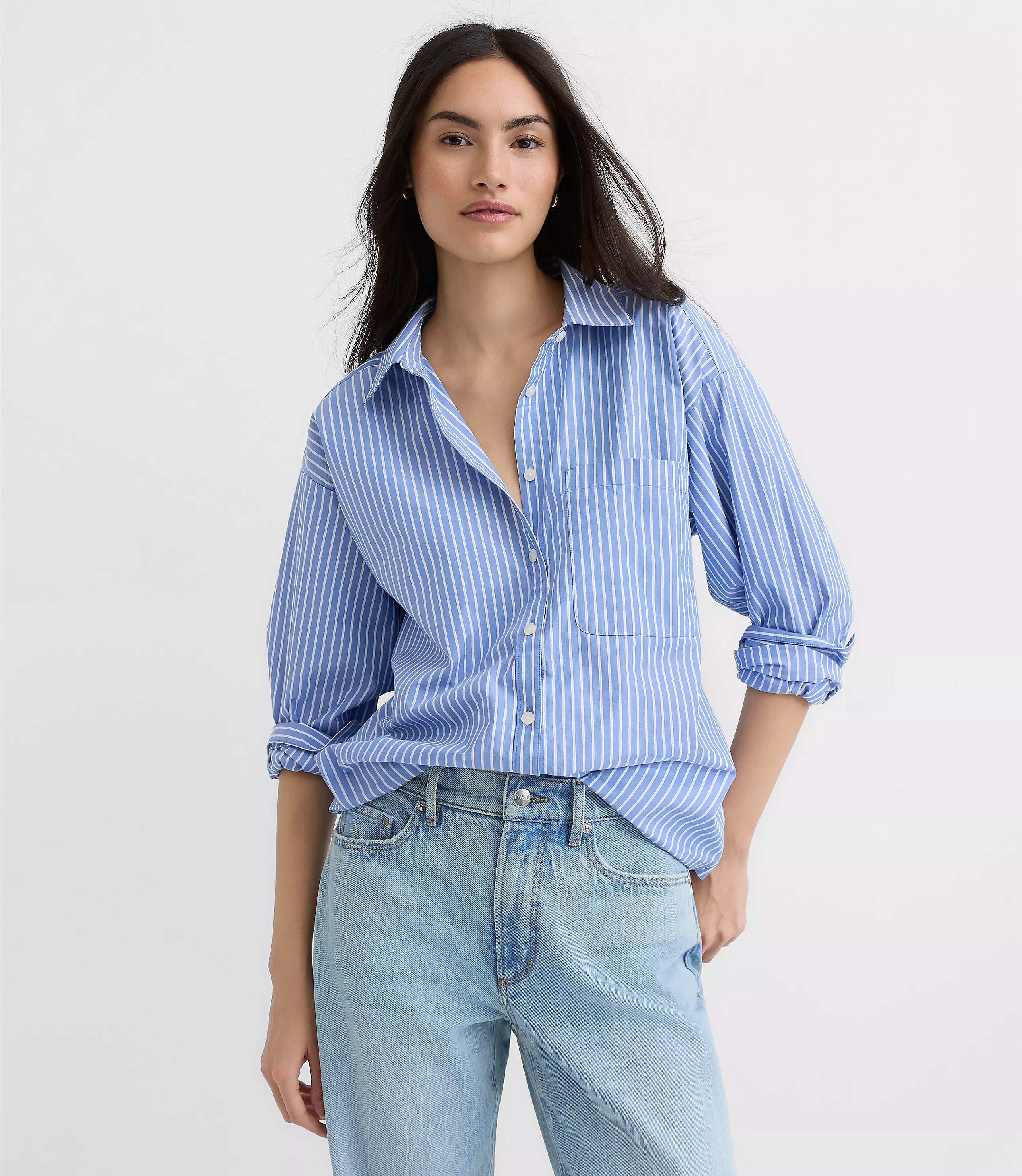 Striped Poplin Everyday Oversized Pocket Shirt | LOFT