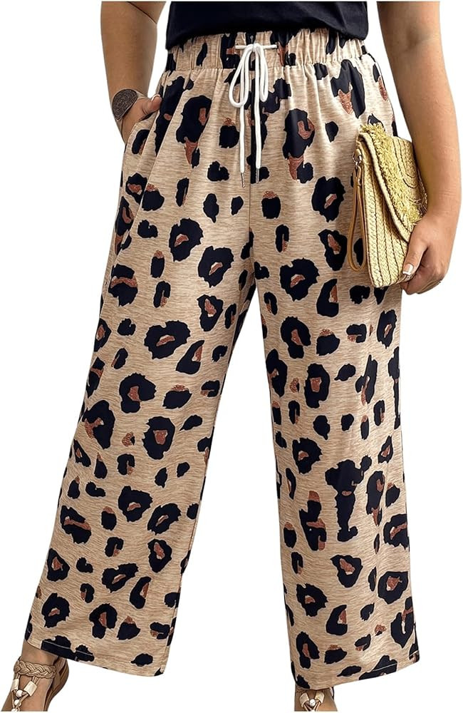 Women's Plus Size Leopard Print Pants Drawstring Elastic High Waist Wide Leg Flare Harem Pants | Amazon (US)