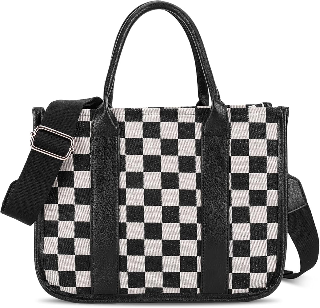 hibear Checkered Crossbody Bag for Women,Canvas Work Tote Handbags Checkered Purse Black and Whit... | Amazon (US)