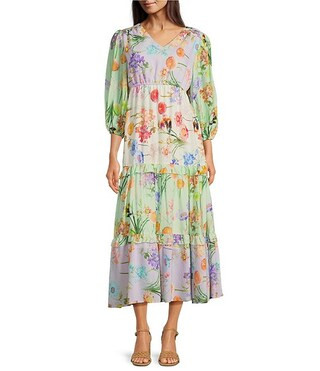Calessa Vintage Floral V-Neck Wrist Sleeve Tiered Midi Dress | Dillard's | Dillard's