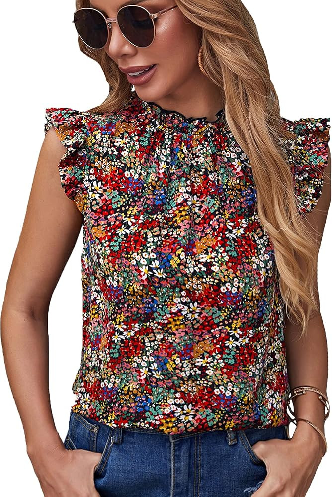 Floerns Women's Cute Ditsy Floral Print Frill Sleeve Blouse Top | Amazon (US)