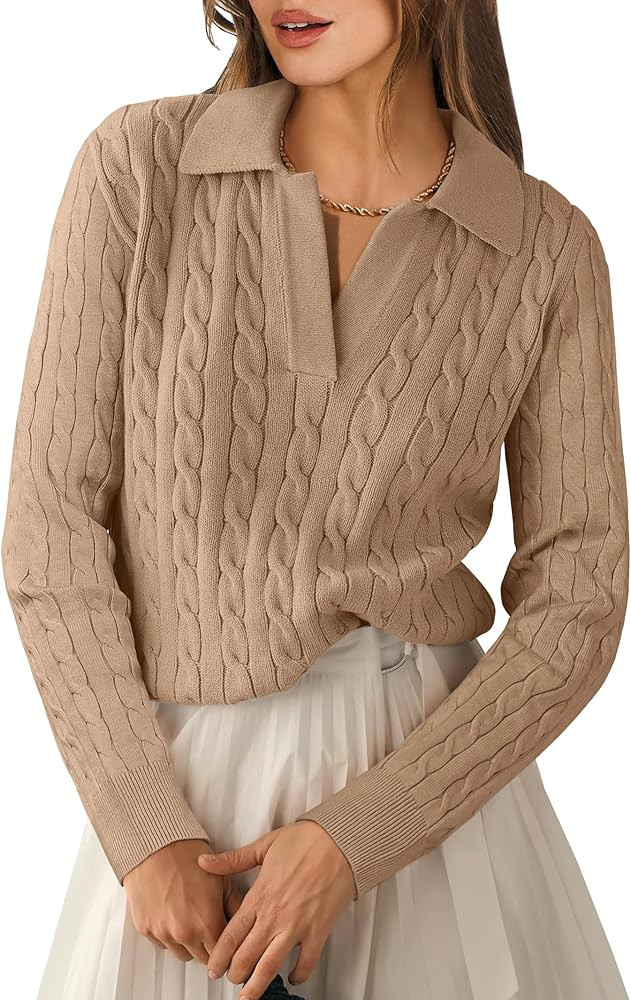 ANRABESS Womens Cable Knit Sweaters Long Sleeve V Neck Sweater Tops Casual Pullover Polo Shirts 2... | Amazon (US)