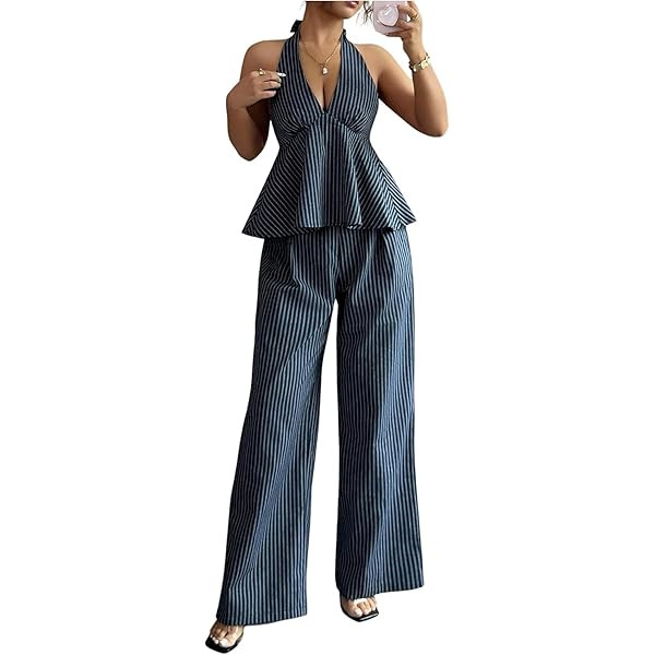 SweatyRocks Women's 2 Piece Outfits Striped Open Back Halter Peplum Top with Pants Matching Sets | Amazon (US)