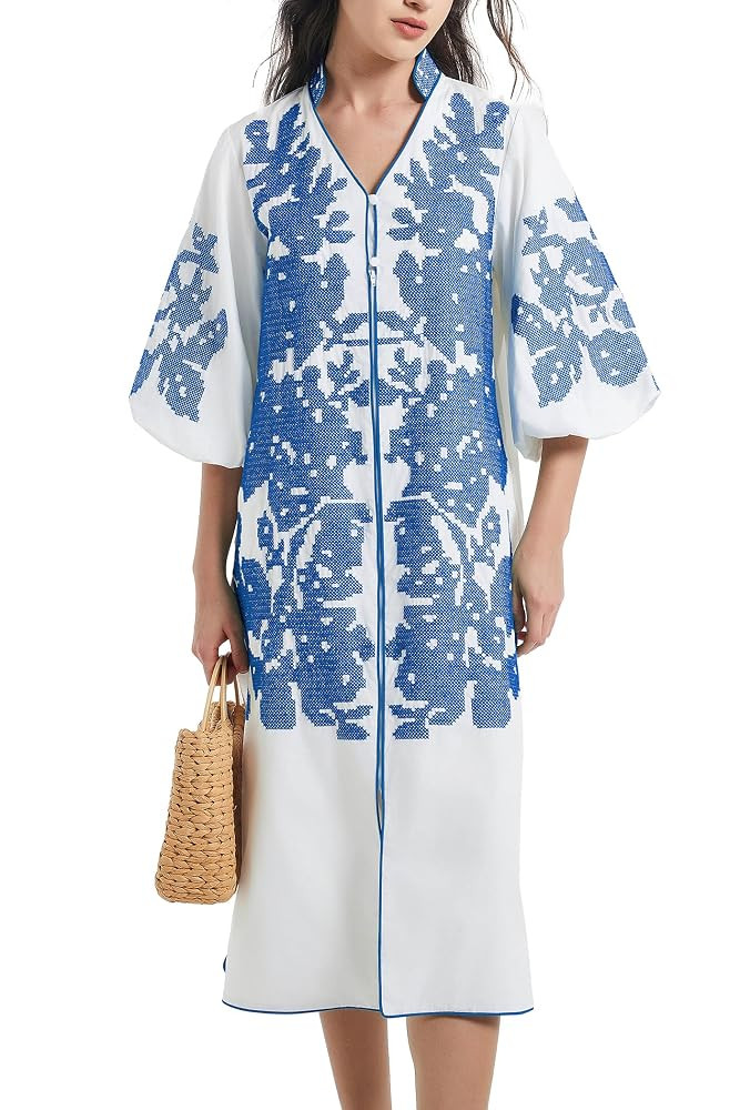 D-Sun Women Casual V-Neck Mid Dress Floral Embroidery 3/4 Sleeves Spring Summer Tunic Dress Loose... | Amazon (US)