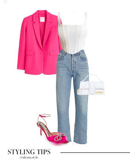 A blazer paired with a corset top, high waisted straight jeans, bow heels, and handbag makes a cute date night or holiday outfit.#LTKunder50 #LTKholiday #LTKCyberWeek3 #LTKunder100 #LTKcurves 

Fall outfits | blazer outfit | blazer and jeans | holiday blazer | pink blazer | womens blazers | jeans outfit | Abercrombie jeans | straight leg jeans | high rise jeans | going out tops | going out outfits | date night outfits | bustier | heels with bow | holiday heels | bow heels | designer bags | jacquemus | fall outfit ideas | fall outfit inspo | fall trends | fall shoes | 

#LTKSeasonal #LTKGiftGuide #LTKU #LTKitbag #LTKshoecrush #LTKsalealert #LTKstyletip #LTKtravel #LTKworkwear