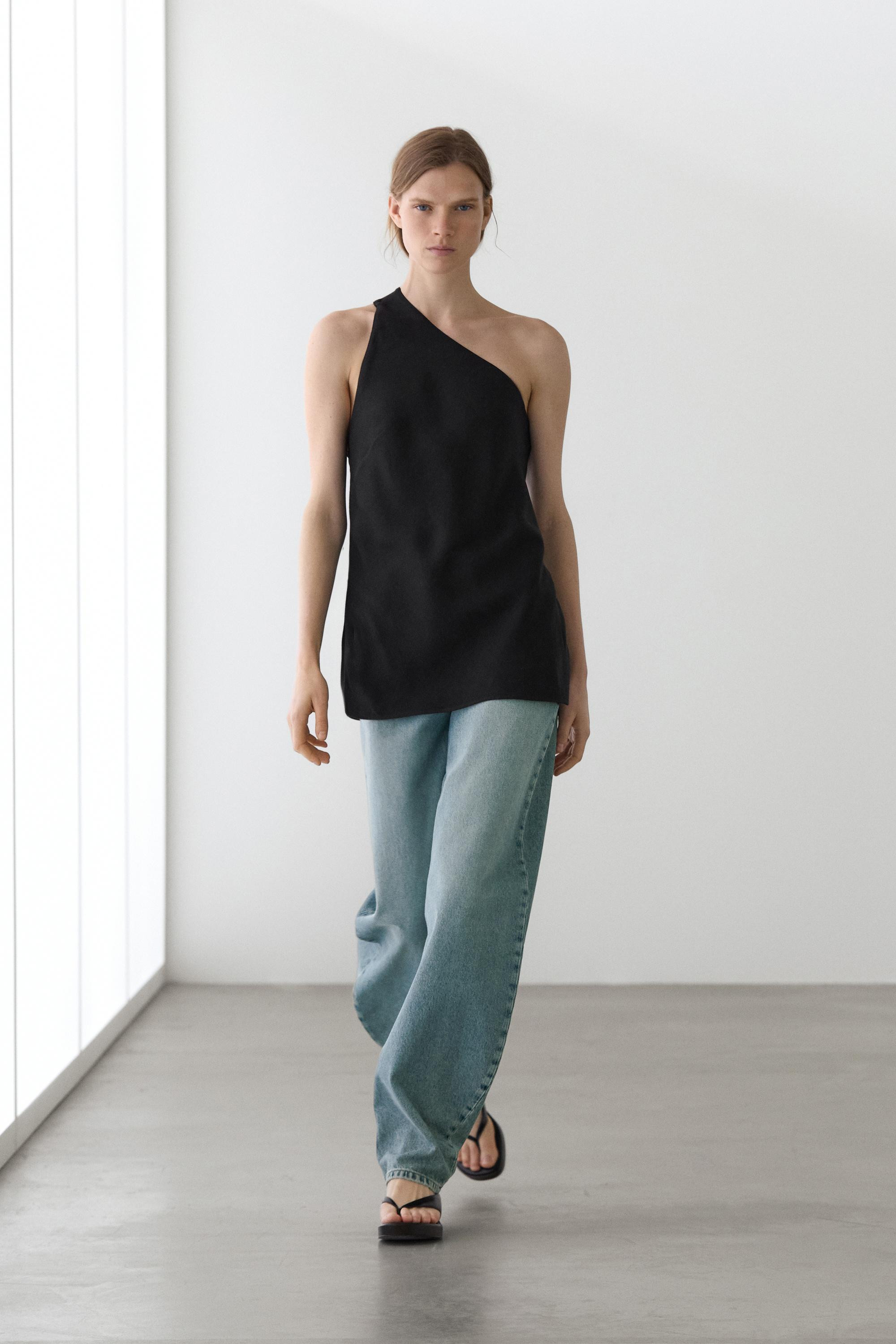 Asymmetric linen blend top with back detail | Massimo Dutti UK