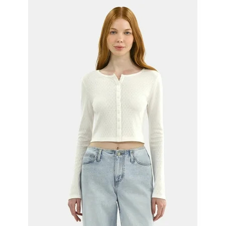 No Boundaries Button-Front Pointelle Cardigan with Long Sleeves Women s | Walmart (US)