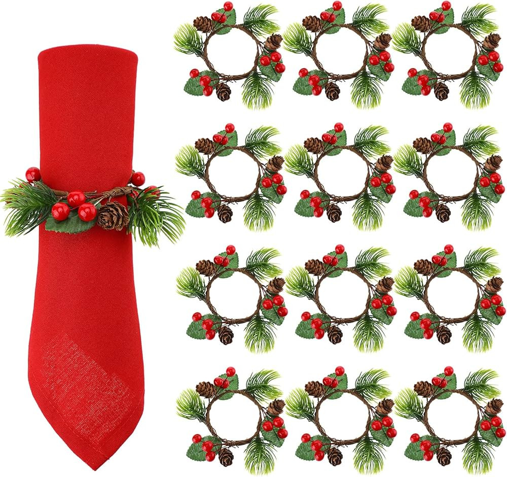 WILLBOND Christmas Napkin Rings Set of 12 Christmas Berry Napkin Ring Holders Pine Cones Pine Nee... | Amazon (US)
