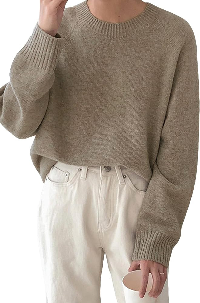 SweatyRocks Women's Casual Round Neck Long Sleeve Pullover Sweater Solid Loose Knit Sweaters | Amazon (US)
