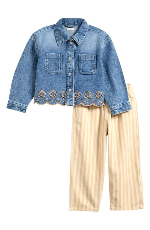 NEXT Kids' Embroidered Denim Jacket & Stripe Pants Set in Blue at Nordstrom, Size 4-5Y | Nordstrom