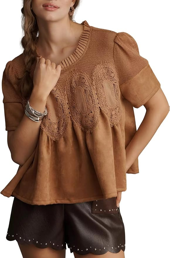 Women's Lace Detail Faux Suede Peplum Swing Tops Short Sleeves Crew Neck Babydoll Blouse | Amazon (US)