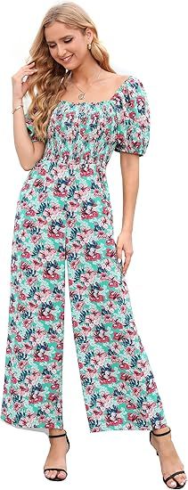 Love Welove Fashion Women's Floral Short Sleeve High Waist Wide Leg Pants Casual Loose Smocked Ju... | Amazon (US)