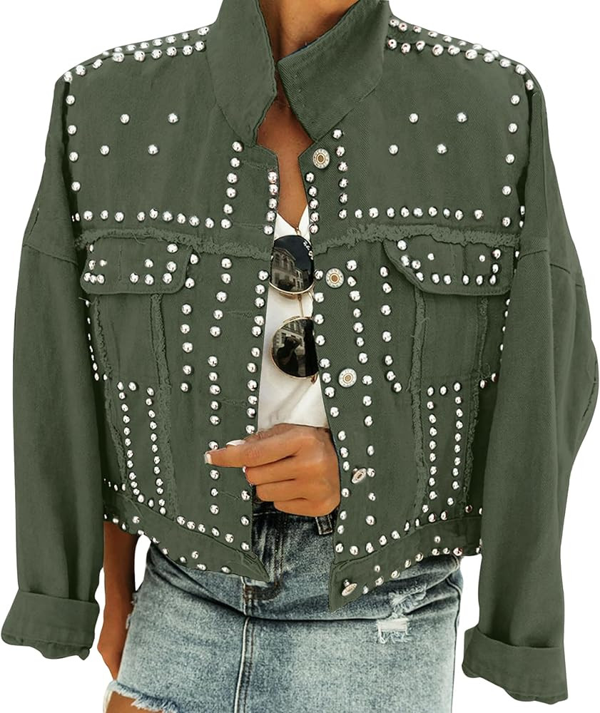Women's Long Sleeve Rivet Studded Denim Jacket Casual Washed Short Jean Coat Western Outfits | Amazon (US)
