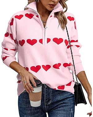 Heart Sweater for Women V Neck Valentines Sweatshirt Quarter Zip Pullover Ribbed Knitted Sweaters... | Amazon (US)