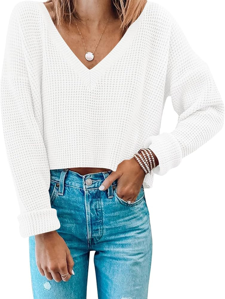 MIROL Women's Waffle Knit Cropped Top V Neck Long Sleeve Pullover Sweater Casual Solid Crop Sweat... | Amazon (US)