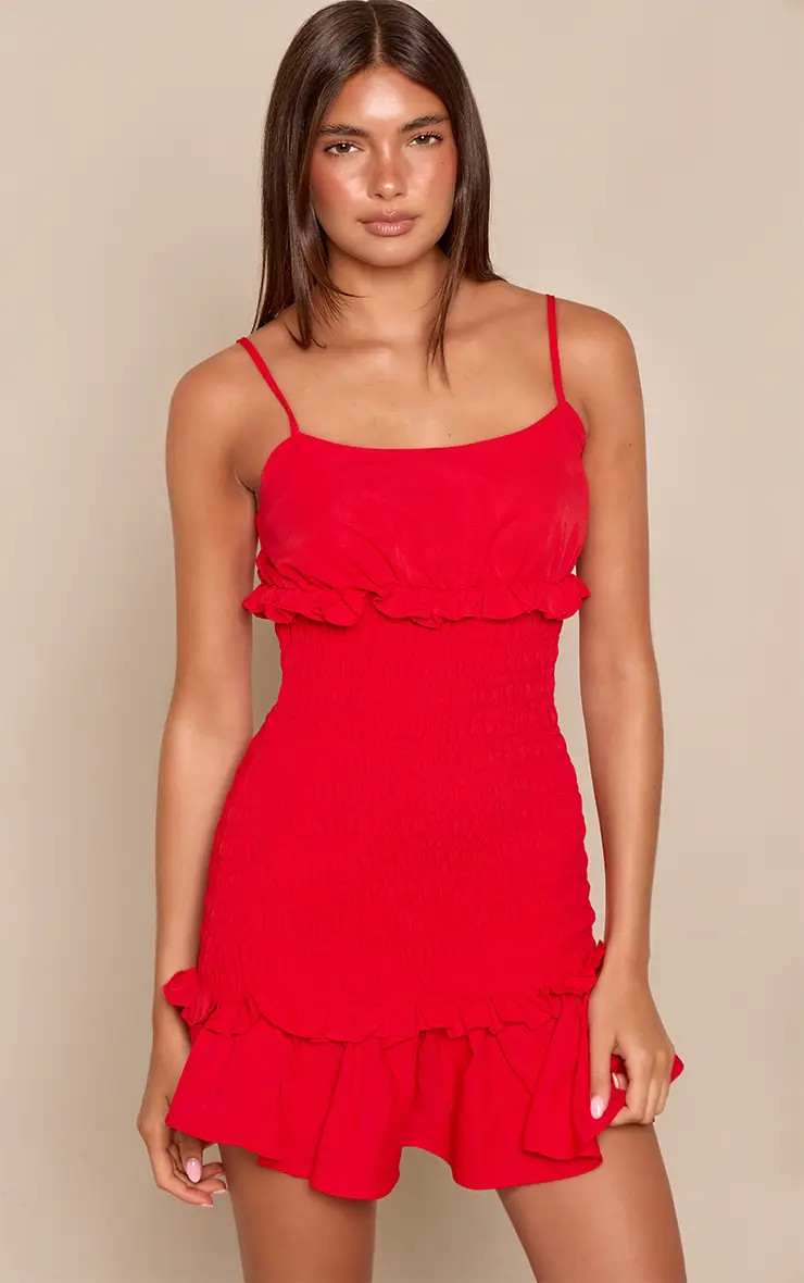 RED Woven Shir{colour} Strappy Mini Shift Dress | PrettyLittleThing UK
