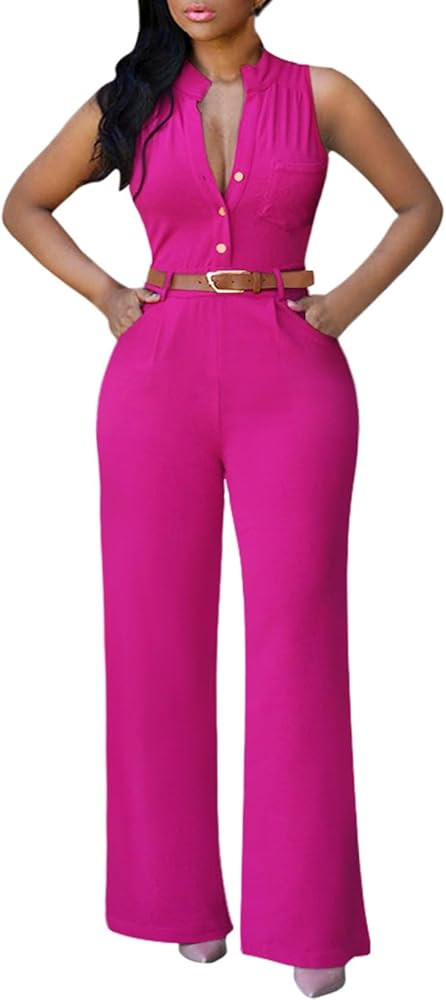 Pink Queen Jumpsuits for Women Dressy V Neck Sleeveless Wide Leg Long Pant Rompers Business Casua... | Amazon (US)
