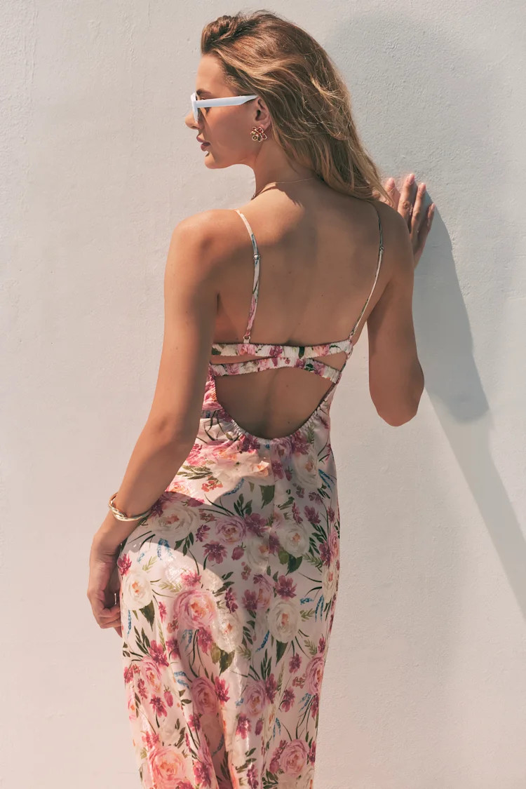 Alaia Blush Multi Floral Satin Backless Midi Dress | Lulus