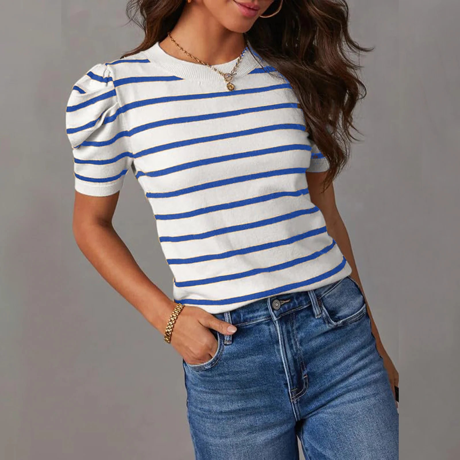 ALLLIST Blue Summer Tops for Women Striped Short Sleeve Crew Neck T-Shirts Tees | Walmart (US)