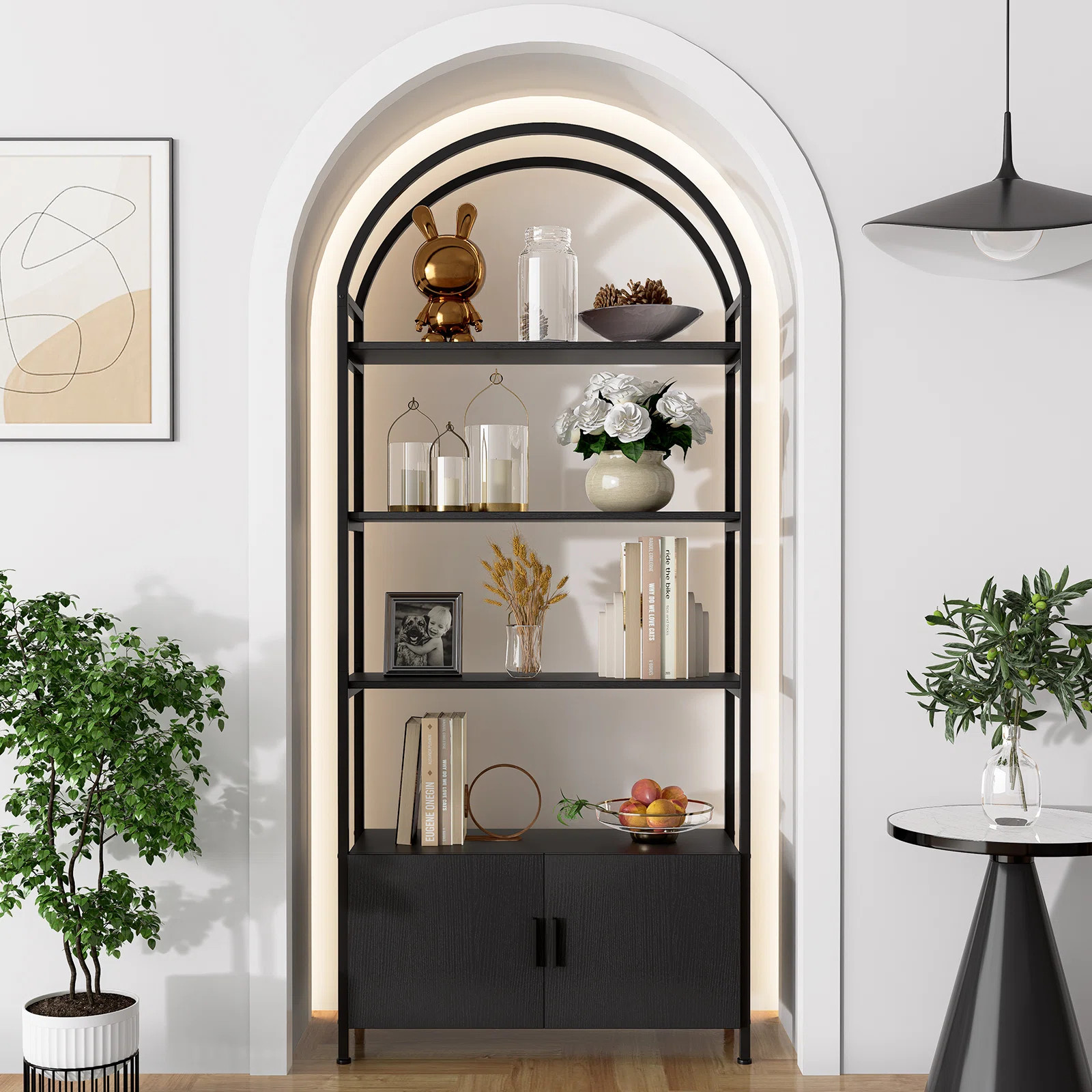 Rone Gold Bookshelf Arched Bookcase With Doors Hidden Storage Luxury Sideboard | Wayfair North America