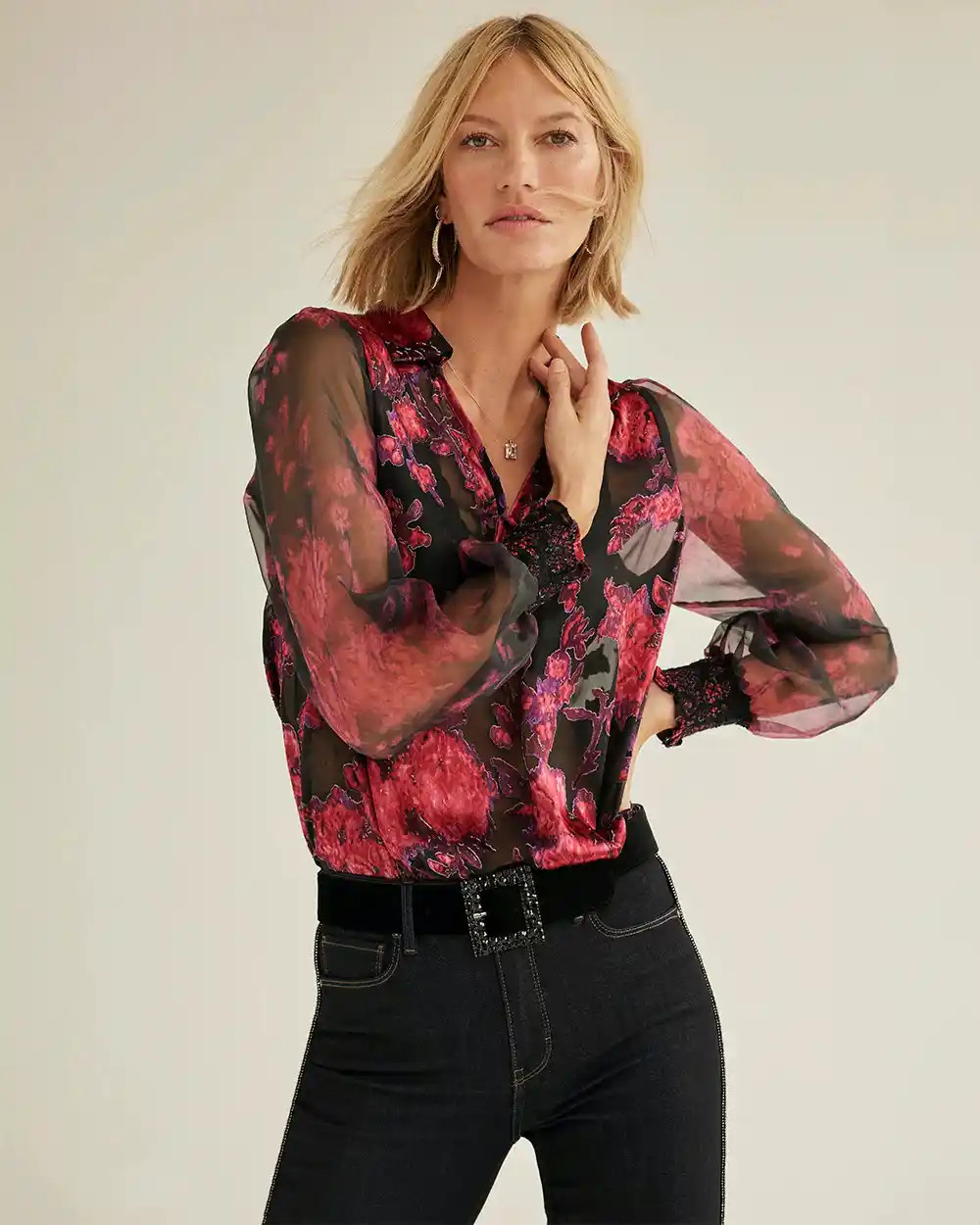 Organza Sleeve Silk Burnout Blouse | White House Black Market