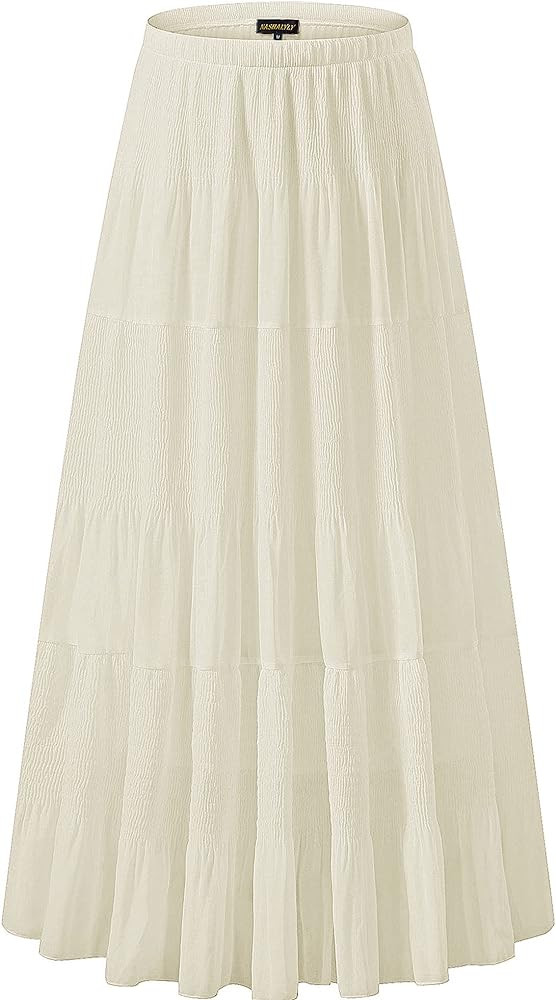 NASHALYLY Women's Chiffon Elastic High Waist Pleated A-Line Flared Maxi Skirts | Amazon (US)