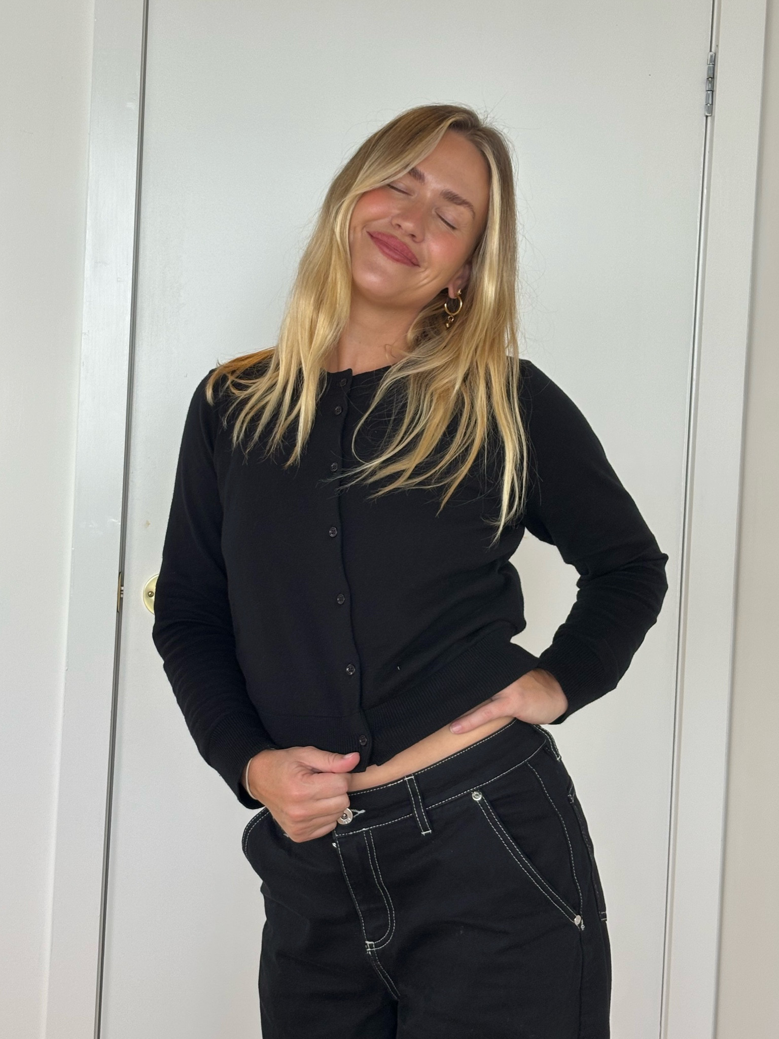 The greatest basic cardigan. Very soft and comfortable. Cashmere and cotton. I am wearing a small/8. 
SIR jeans, the perfect baggy jean. I am wearing a size 25 (usually and 6-8) 