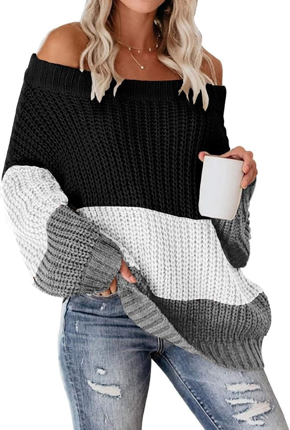 VIMPUNEC Womens Oversized Sweater Color Block Off The Shoulder Pullover Sweaters Cable Knit Chunk... | Amazon (US)