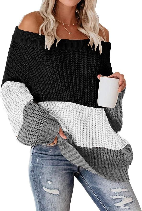 VIMPUNEC Womens Oversized Sweater Color Block Off The Shoulder Pullover Sweaters Cable Knit Chunk... | Amazon (US)